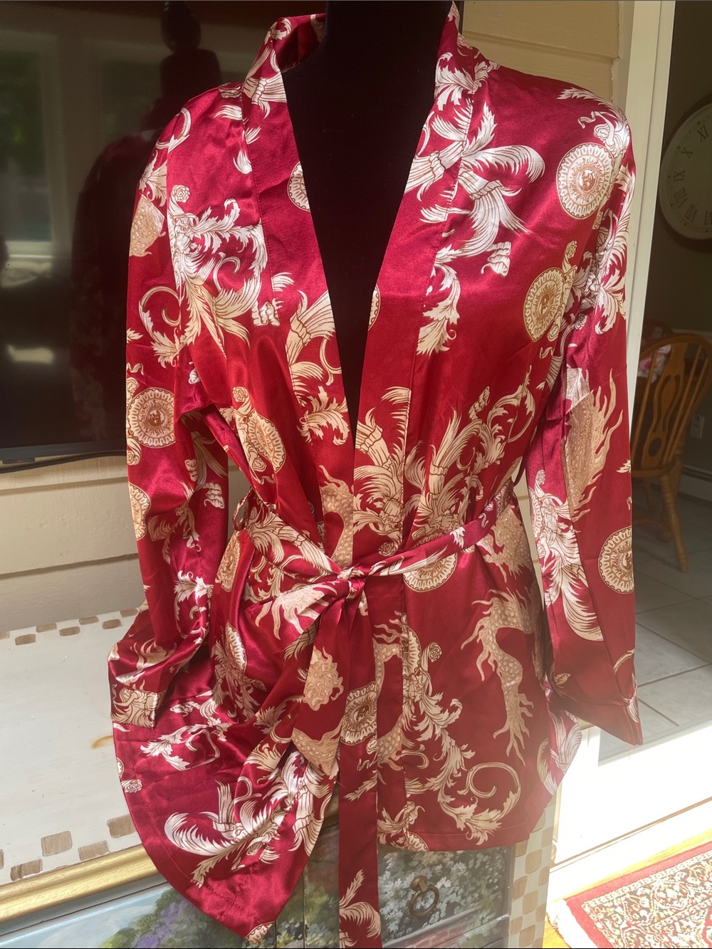 Escalier Red Floral Satin Robe with Gold Print